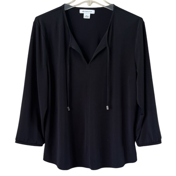 Liz Claiborne Tie Blouse Loose Fit Open V Neck Black Size XL - Picture 1 of 13